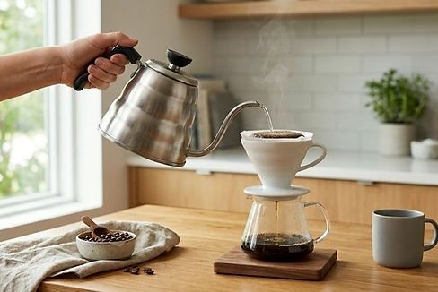 Hals med vatten hälls över kaffe i en kaffebryggare
